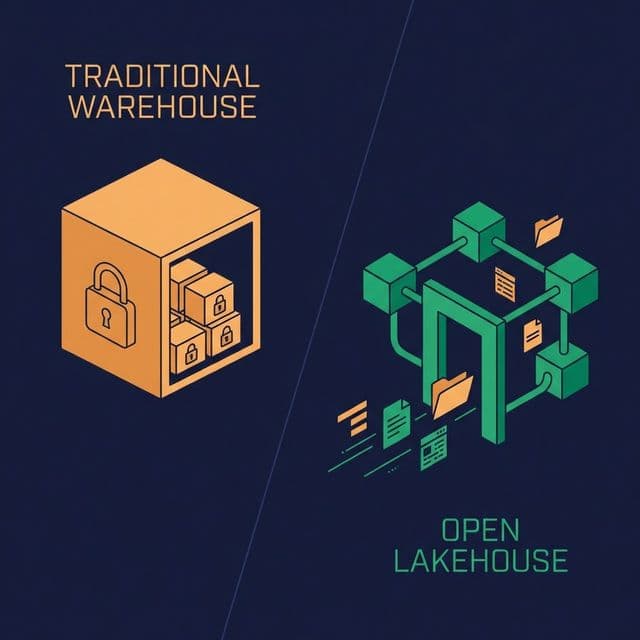 Traditional data warehouse model vs. open lakehouse model with flexible schema and views